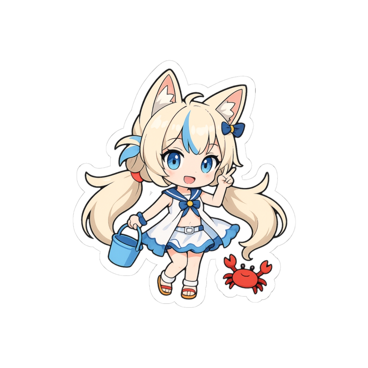 A sticker of an anime-style character with fox ears and blue eyes, dressed in a sailor outfit with a blue bow. The character holds a blue bucket, with a red crab nearby. The background is a mix of...