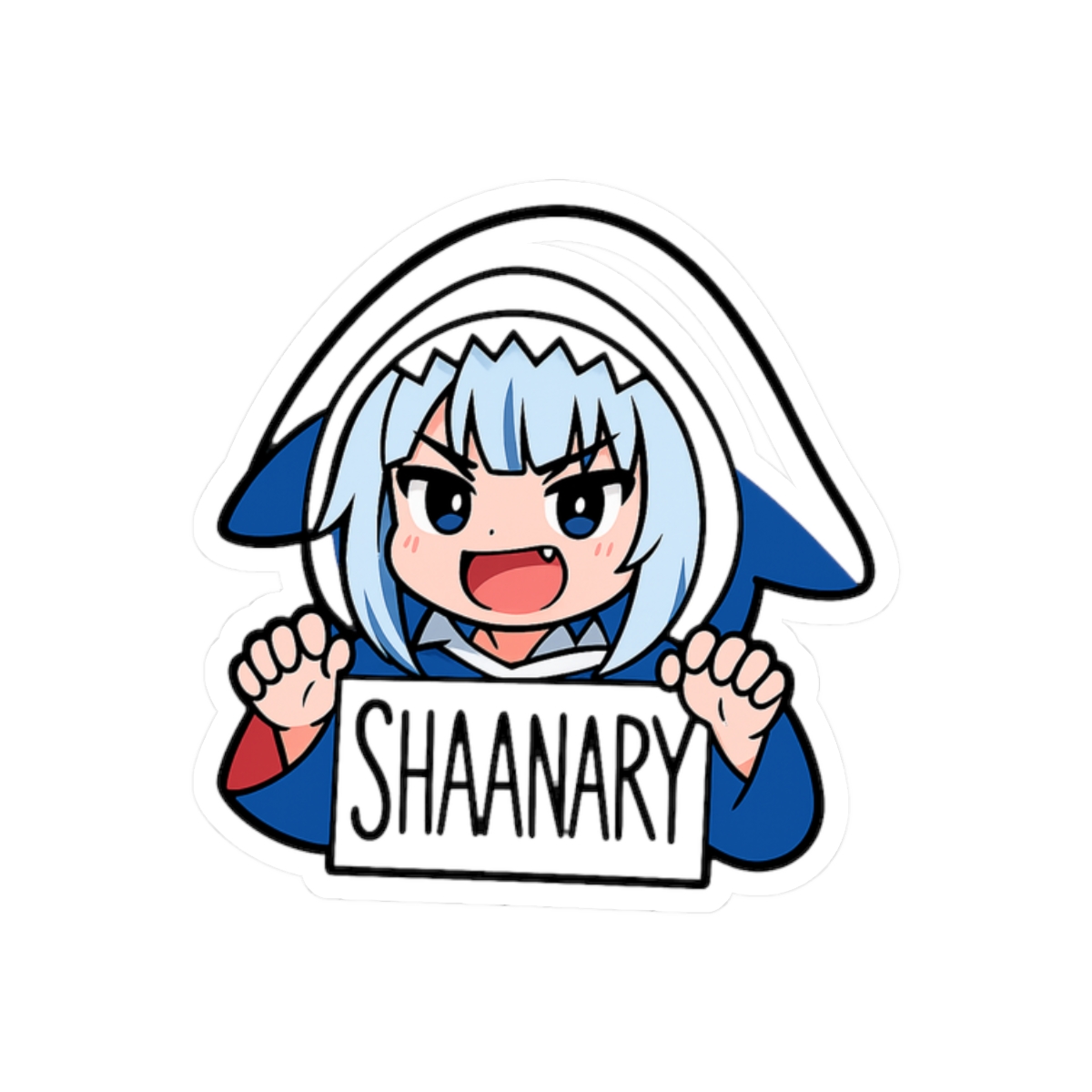A white sticker featuring a blue and white cartoon character dressed in a shark costume. The character is holding a sign that reads "SHARK". - alternate angle 3, merchandise